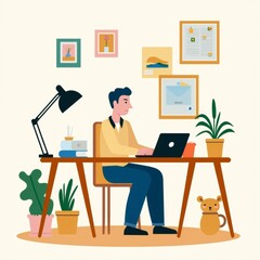 man sitting desk laptop front him wearing yellow shirt blue jeans has smile his face desk wood has several potted plants either side side desk desk lamp stack books above man several framed pictures