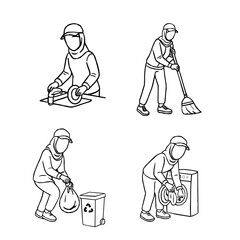 Hijab Woman Daily Activity Outline Vector Set. A collection of hijabi women in daily activities. Set of Muslim women wearing hijab doing productive tasks. set of hijab women in various poses. 
