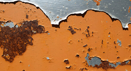 Orange rusted metal creates a grungy abstract pattern with chipped paint and corroded surfaces, perfect for textures.