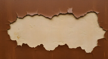 Brown peeling paint on an old wall reveals the undercoat, providing a texture and aged surface for design elements.