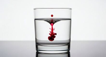 Red dye in water glass photo: clear liquid with red color drop falling and swirling, abstract art image