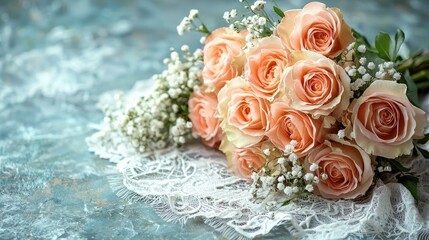 Peach roses and lace adornment on a textured surface.
