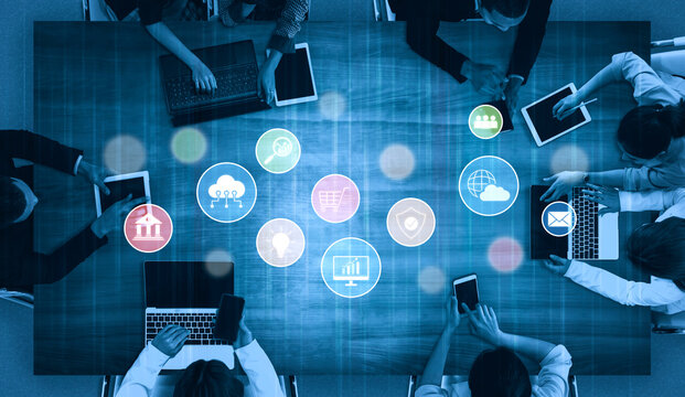 Set of business and digital service icons representing finance, cloud, analytics, email, communication, ecommerce, cybersecurity, and global connectivity in a modern ecosystem Vouch - Powered by Adobe