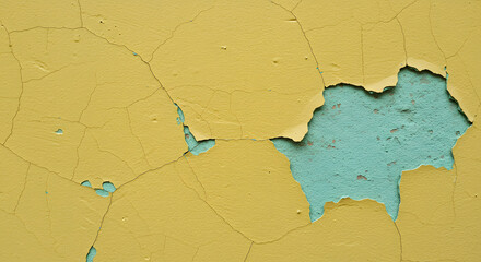 Weathered yellow wall texture with chipped paint reveals a textured teal layer underneath providing a vintage background.