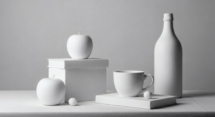 White monochrome still life photography with apple cup bottle and books for minimalist decor art print