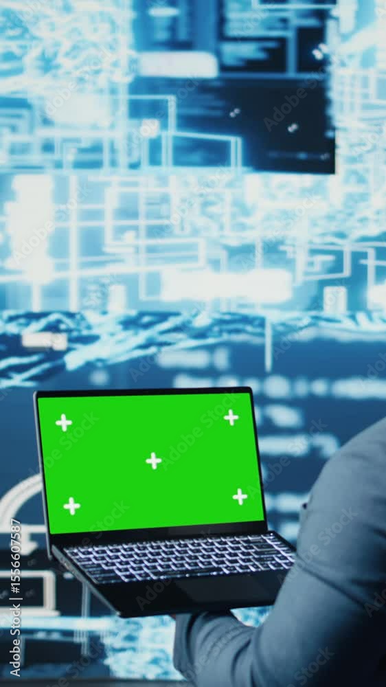 Poster vertical video young entrepreneur technician using advanced technology and green screen on laptop, e