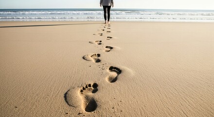 Footprints in the sand beach ocean travel vacation summer holiday walking barefoot wanderlust seascape shore coast