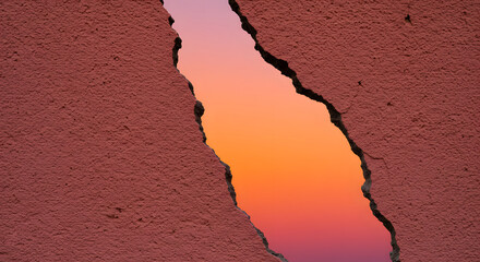 Captivating view of sunset through a weathered wall, bringing a touch of urban landscape against colorful skies.