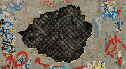 Distressed concrete wall reveals a wire mesh interior, painted with colorful street art and aged texture.