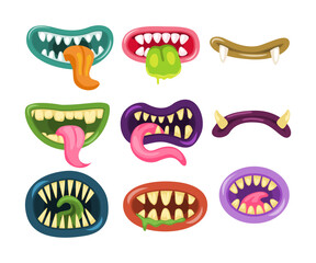 Set of monster mouths collection, Funny facial expression, open mouth with tongue and drool, Set of lips of monsters , in cartoon style, in different positions, terrible emotions, facial expressions © Yumagema