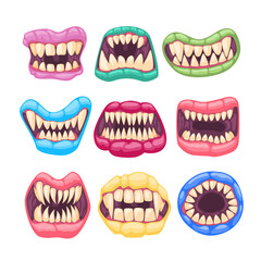 Set of monster mouths collection, Funny facial expression, open mouth with tongue and drool, Set of lips of monsters , in cartoon style, in different positions, terrible emotions, facial expressions