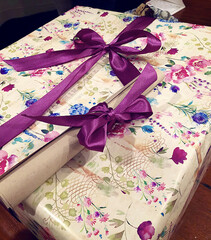 Floral Gift Wrap with Purple Ribbon
