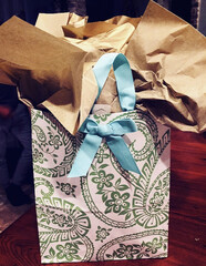 Patterned Gift Bag with Blue Ribbon