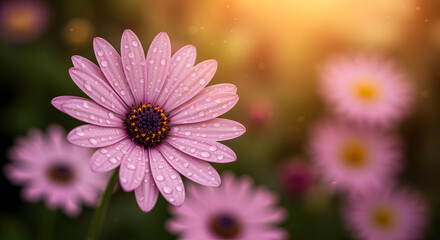Fototapeta premium Close up of a pink daisy covered in water droplets with warm sunlight in the background