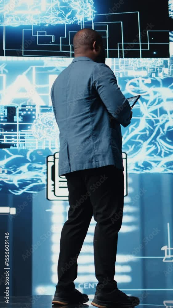 Poster vertical video african american it specialist ensuring futuristic ai brain in the background, machin