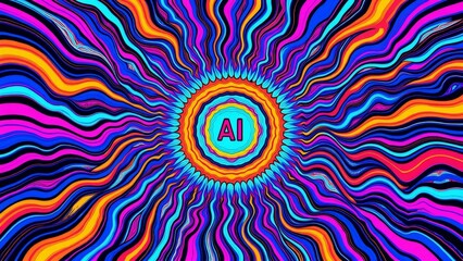 abstract digital art piece colorful psychedelic design background filled burst vibrant colors including pink blue orange yellow green purple center bright orange circle letter center surrounded