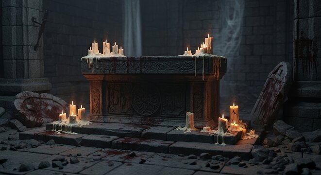 Candles on ancient stone altar dark gothic scene ritual mystery horror