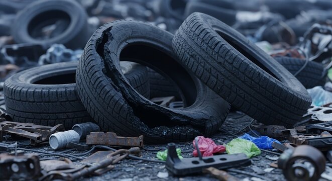 Damaged tires in a pile of scrap