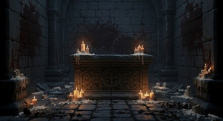 Dark Altar with Melted Candles in Ancient Stone Room