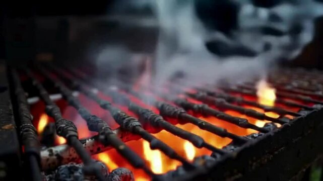 Experience the sizzling heat and tantalizing smoke of grilling as flames dance beneath the grill, creating a delightful cooking process for a summer barbeque session.