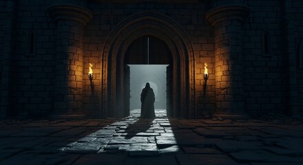 Mysterious Figure at an Ancient Gateway at Night