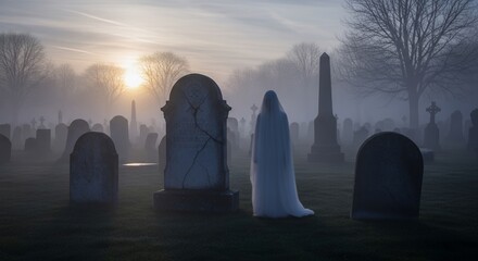 Misty Cemetery with Spectral Figure at Sunrise