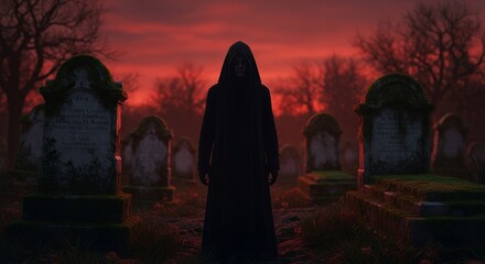 Mysterious Figure in a Cemetery at Dusk