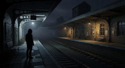 Mysterious Figure at Night Train Station