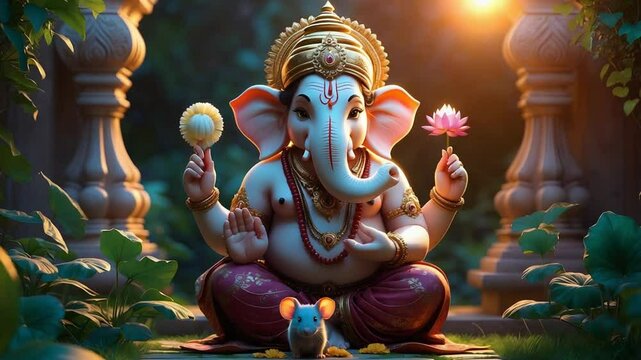 Ganesh Statue with Mouse in a Peaceful Garden Setting