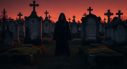Mysterious Figure in Cemetery at Dusk