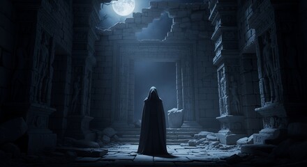 Mysterious Figure in Ancient Ruins at Night