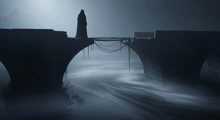 Mysterious Figure on Old Bridge at Night