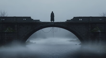 Mysterious Figure on Foggy Bridge Dark Fantasy Gothic Illustration