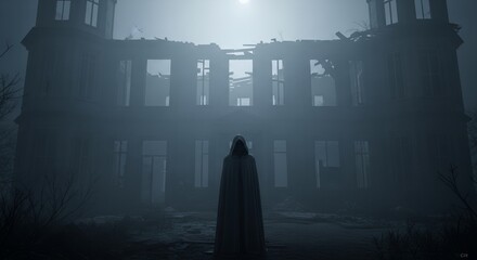 Mysterious Figure in Foggy Ruins at Night