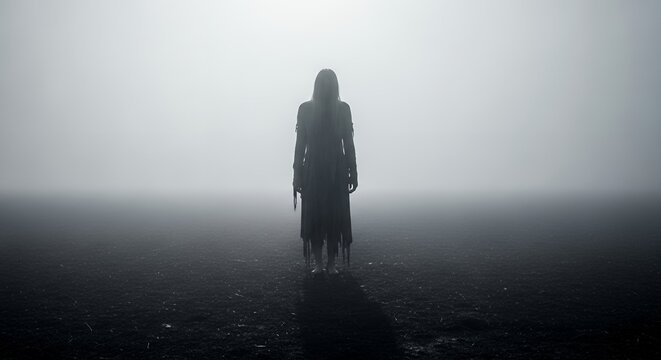 Mysterious Figure in Foggy Landscape