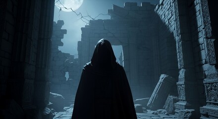 Mysterious hooded figure standing in ancient ruins under the moonlight