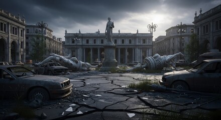 PostApocalyptic City Square with Damaged Cars and Statues
