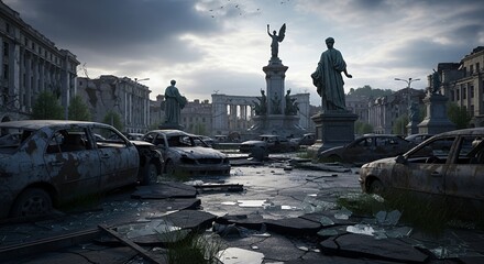 PostApocalyptic Cityscape Ruined Buildings Abandoned Cars and Statues