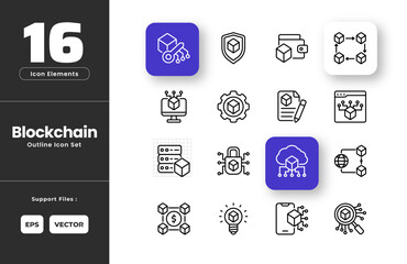 Blockchain Icon Set Collection - Outline Line Art Style. Containing Blockchain, Analysis, App, Management, Monitor, Cloud, Crypto, Wallet, Data, Server, Global, Network, Innovation, Secure, Smart.