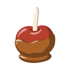 Sweet apple in caramel on stick. Autumn and Halloween treat. Cartoon vector illustration on white background. 