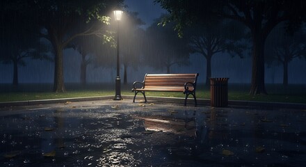 Rainy Night Park Bench Scene with Streetlamp
