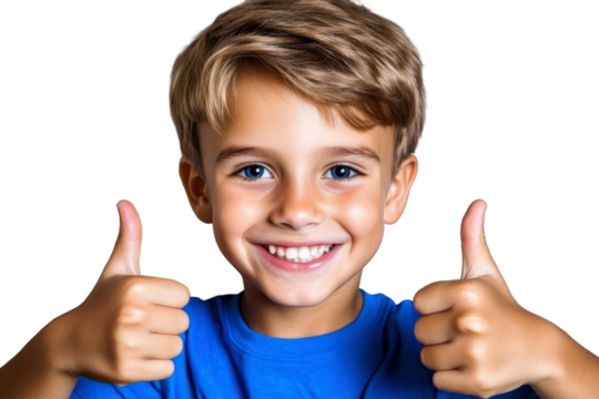 Happy young boy with blonde hair smiling and giving thumbs up gesture in front of a black background, conveying positivity and joy in a cheerful expression