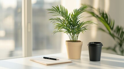 Office workspace with plant, coffee, and notepad