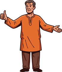 Elderly man wearing orange traditional shirt giving thumbs up and welcoming gesture vector illustration