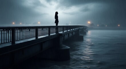 Silhouette of a woman standing on a bridge during a rainy night