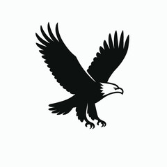 Create a dramatic black silhouette of a soaring eagle with wings fully.  The background is plain and white, and dynamic motion of the bird. vector-based, and suitable for patriotic, wildlife