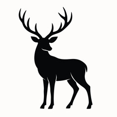 A black silhouette of a standing deer with large antlers, minimalistic design, organic lines, clean shape, vector style, high contrast, neutral background, simple elegance, nature-inspired aesthetic