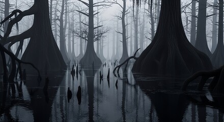 Spooky Swamp Landscape with Foggy Atmosphere and Dark Trees