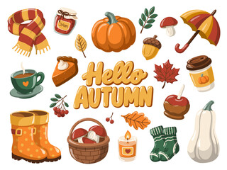 Hello Autumn set. Vector isolated illustrations of cozy fall and seasonal objects on white background