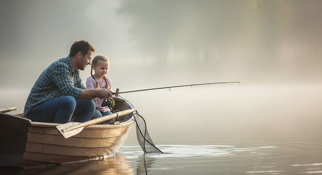 Adult and child fishing from a boat on a calm lake at dawn - Powered by Adobe